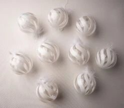 5" White Feathered Glass Ball Ornament Set Of 9