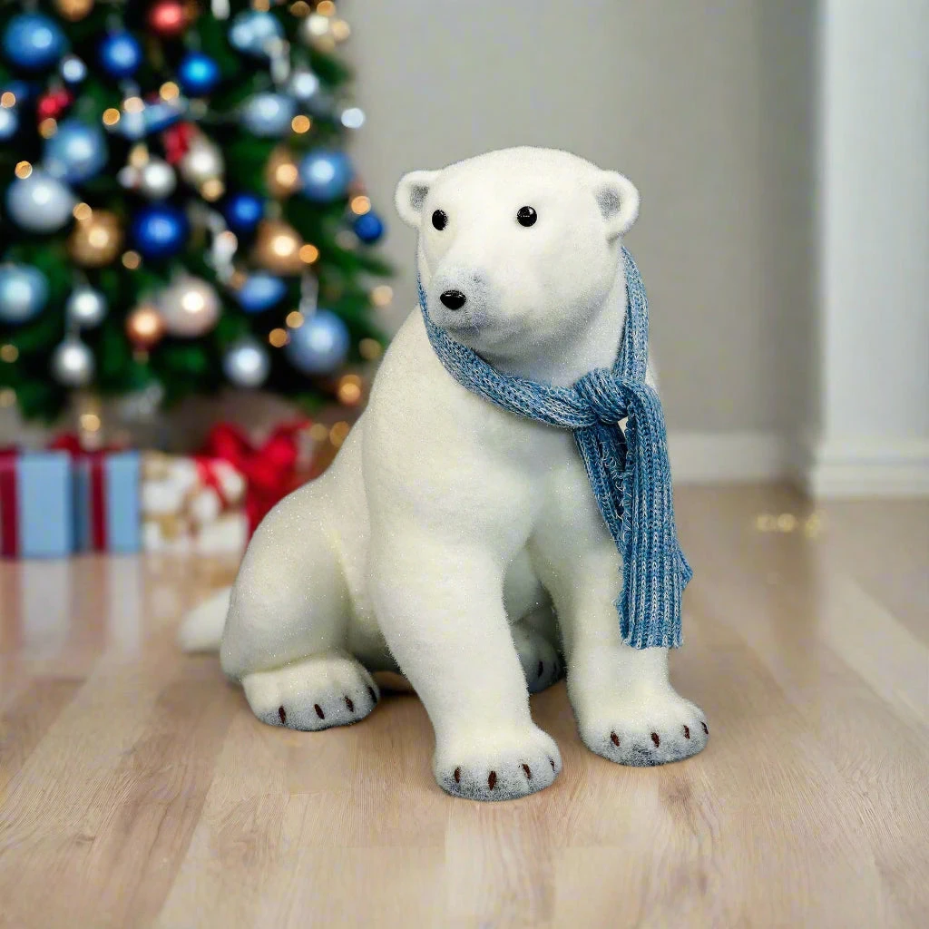 19" Sitting Polar Bear With Blue Scarf 3 19" Sitting Polar Bear With Blue Scarf
