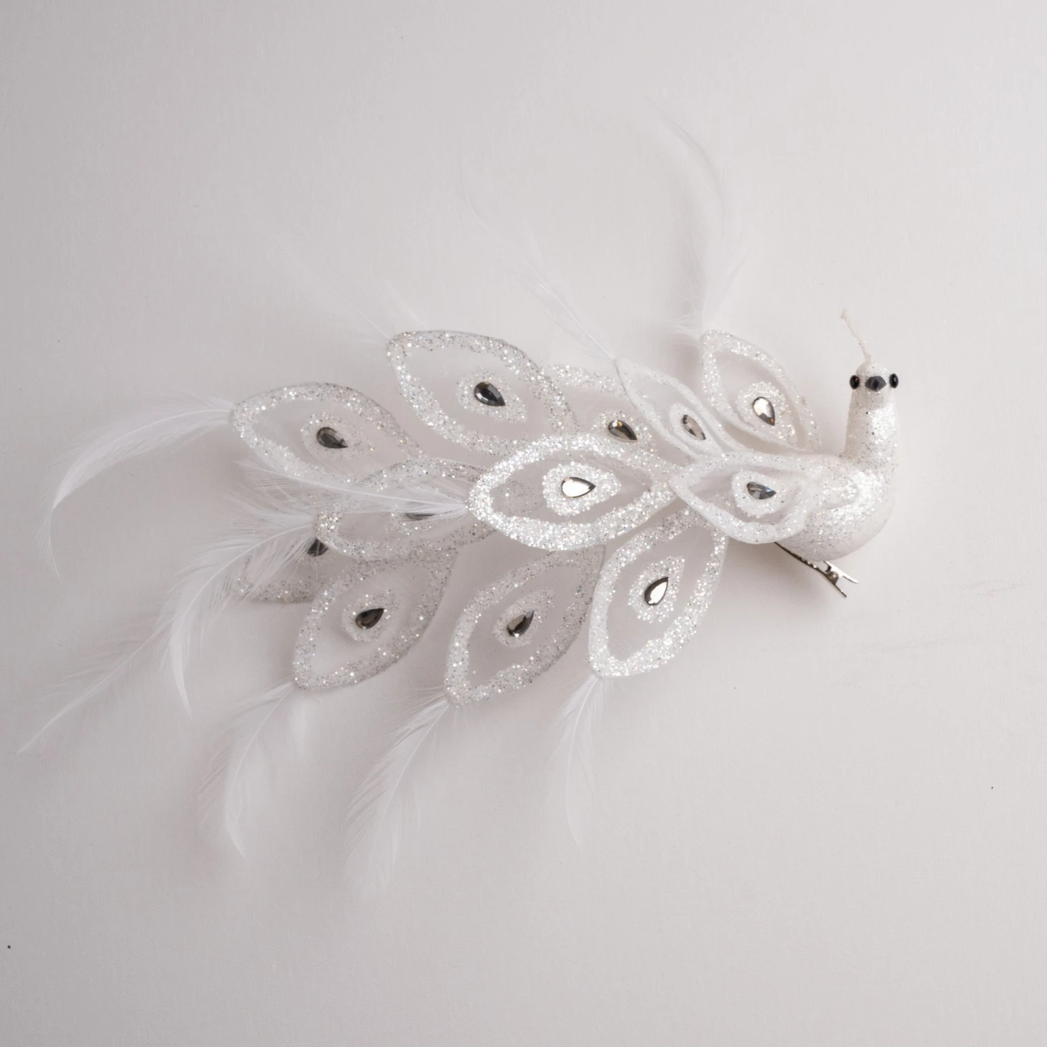 10" White Glitter Peacock Set Of 2 3 10" White Glitter Peacock Set Of 2