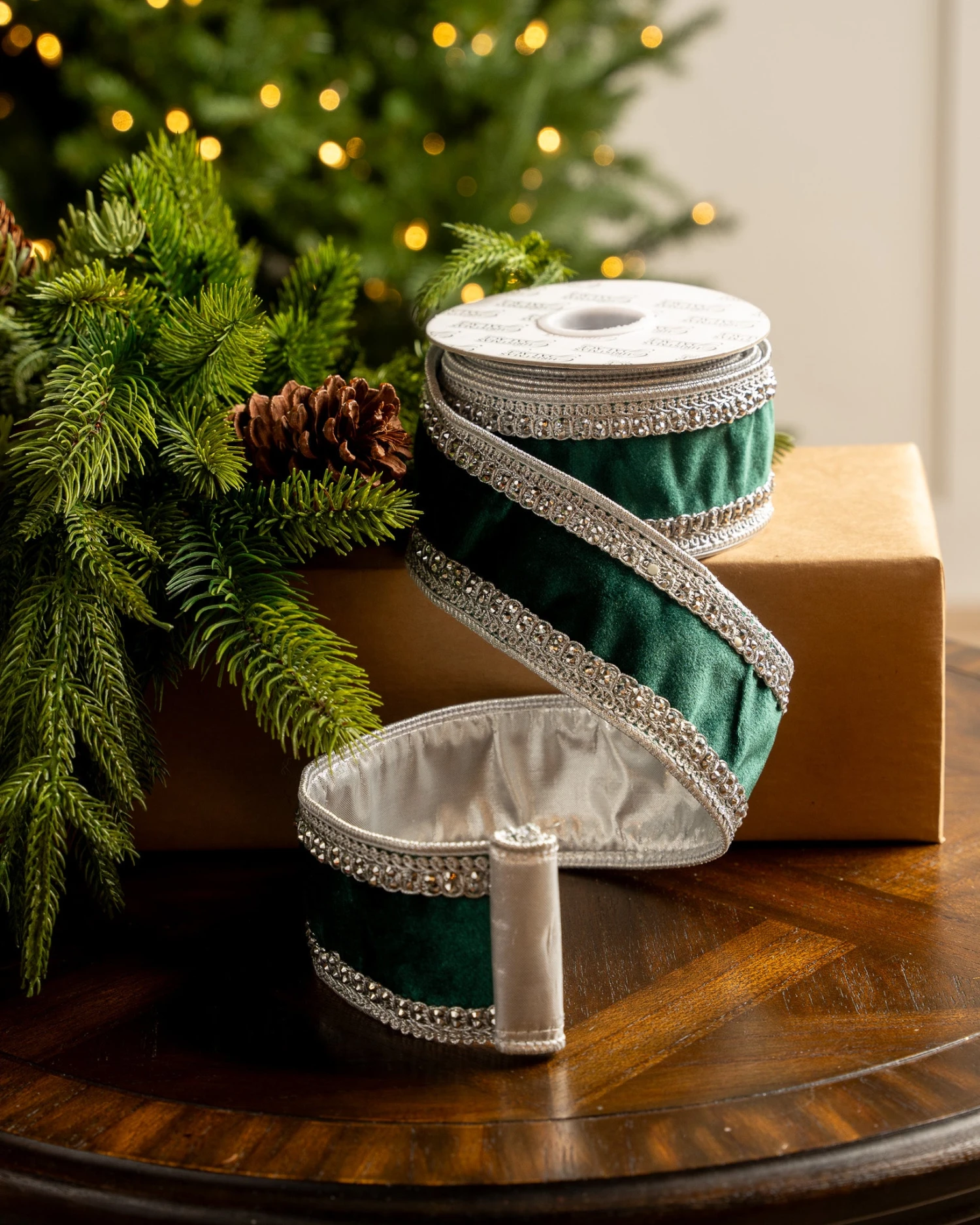 2.5" X 10YD Emerald Velvet Ribbon With Silver Back & Crochet Trim 3 2.5" X 10YD Emerald Velvet Ribbon With Silver Back & Crochet Trim