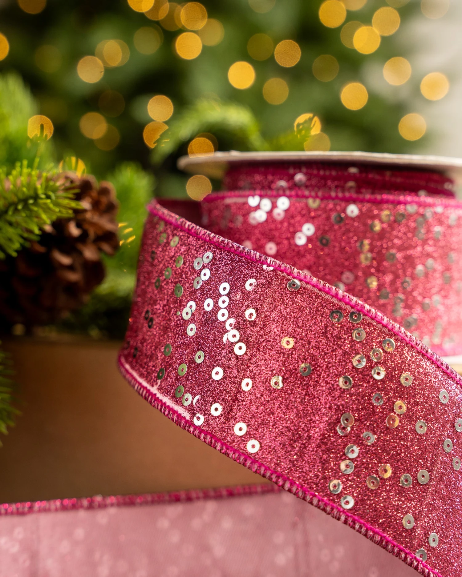 2.5" X 10YD Pink Glitter & Sequin Ribbon 4 2.5" X 10YD Pink Glitter & Sequin Ribbon - Image 2