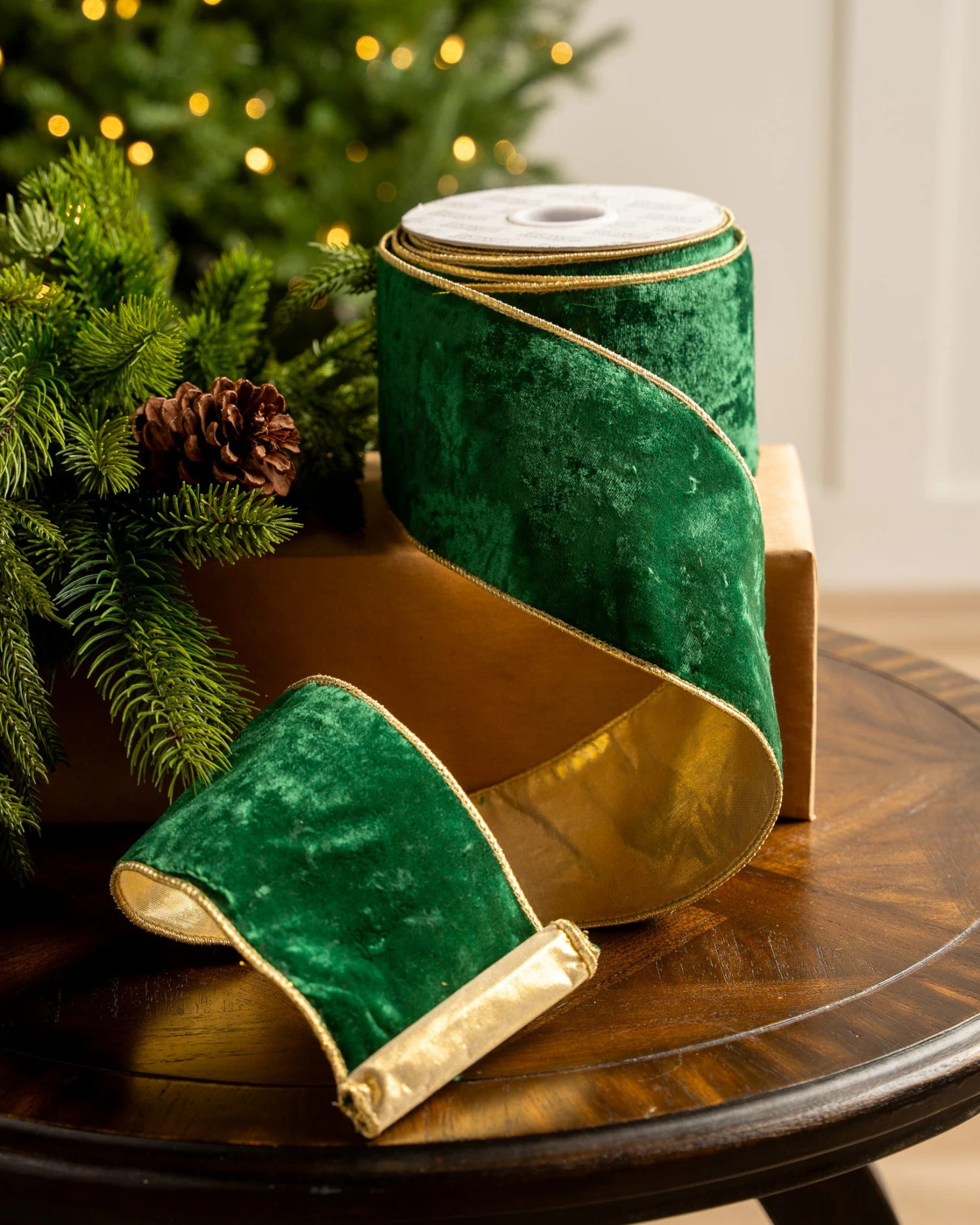 4" X10YD Emerald Velvet Ribbon With Gold Back & Edge 3 4" X10YD Emerald Velvet Ribbon With Gold Back & Edge