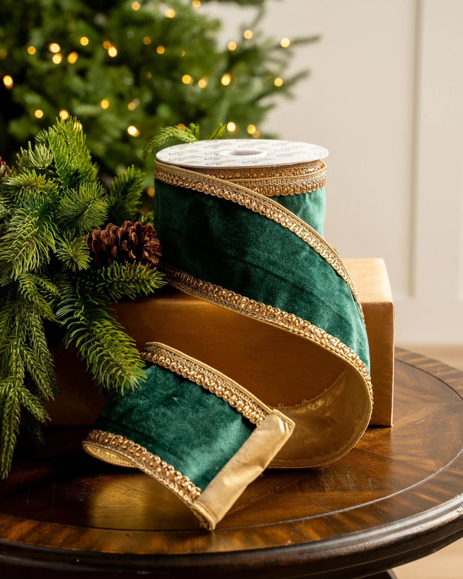 4" X10YD Emerald Velvet Ribbon With Gold Crotchet Trim 3 4" X10YD Emerald Velvet Ribbon With Gold Crotchet Trim