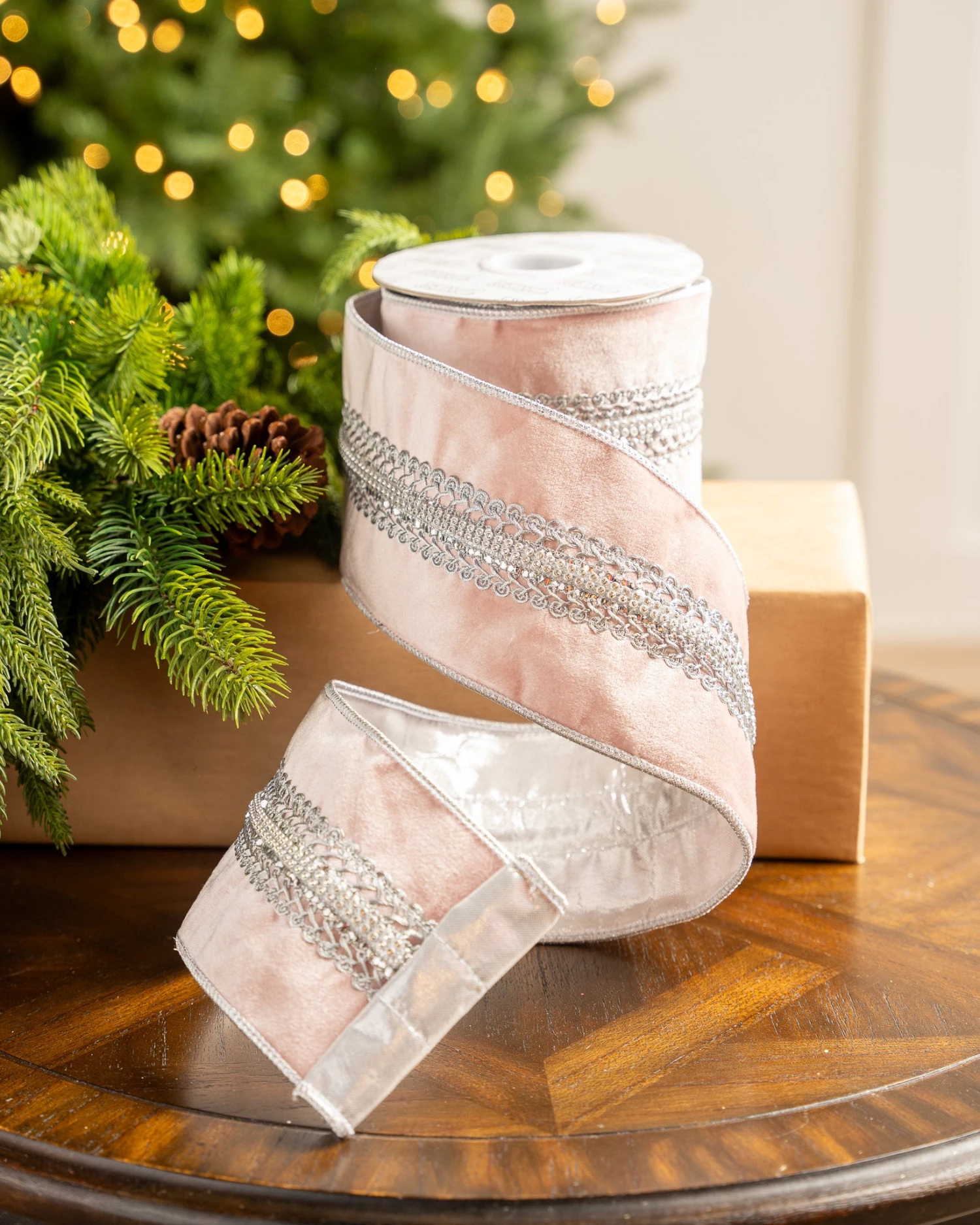 4" X5YD Blush Pink Velvet With Silver Jewels 3 4" X5YD Blush Pink Velvet With Silver Jewels