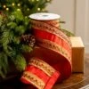 4" X5YD Red Ribbon With Red Jewels On Gold Trim -The Christmas Palace 0671474027 1