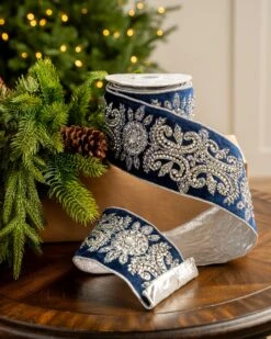 4" X5YD Navy Velvet Ribbon With Silver Beaded Jewels