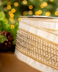 4" X5YD White Ribbon With Lattice Pearls -The Christmas Palace 0671474071 3