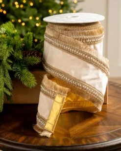 4" X10YD White Ribbon With Pearled Silver Lattice