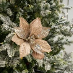 27" Taupe Velvet Sequin Poinsettia Stem Set Of 12 -The Christmas Palace 4390201574 1